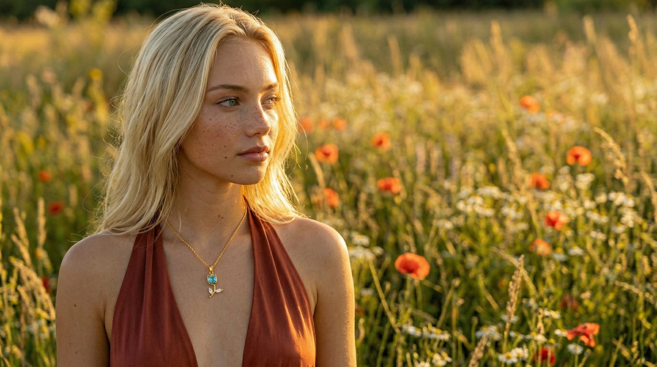 Woman standing in a field of flowers with a warm, golden light.