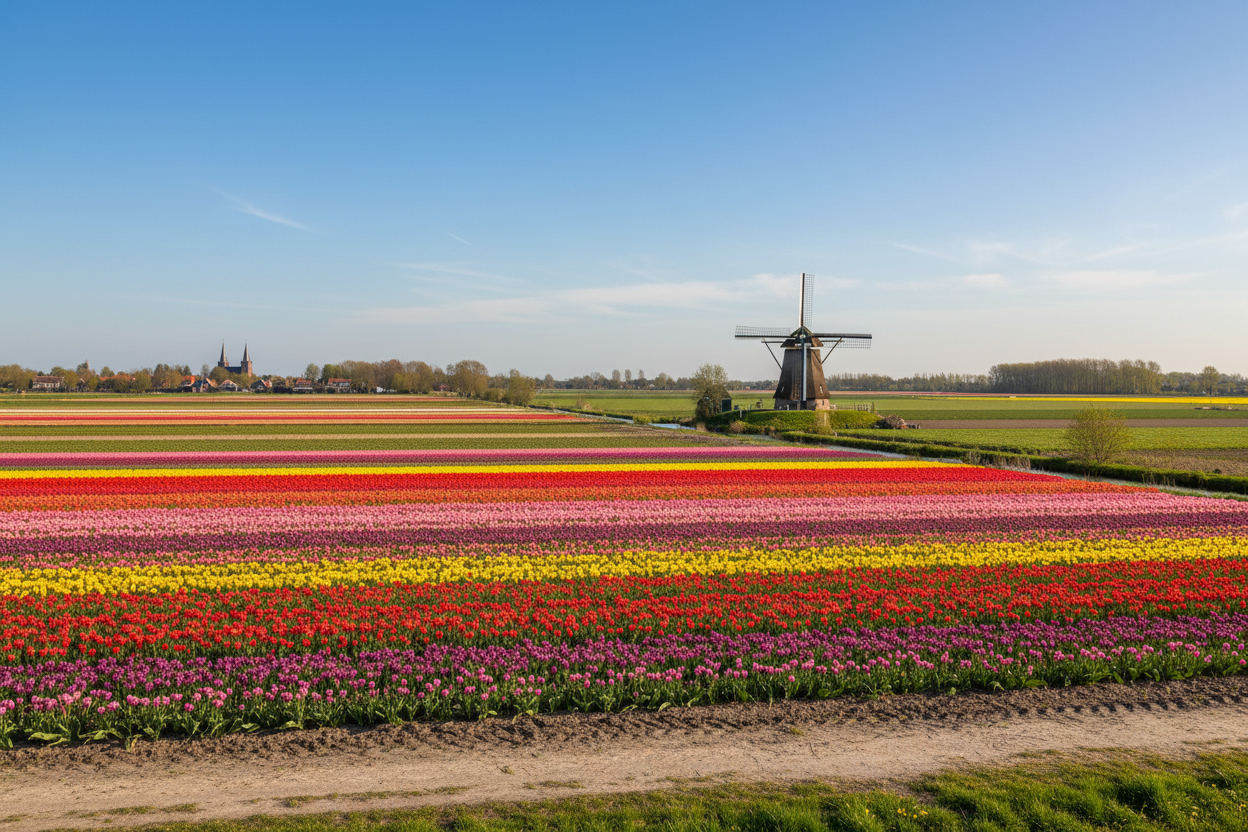 Colorful tulip field with a windmill under a clear blue sky.